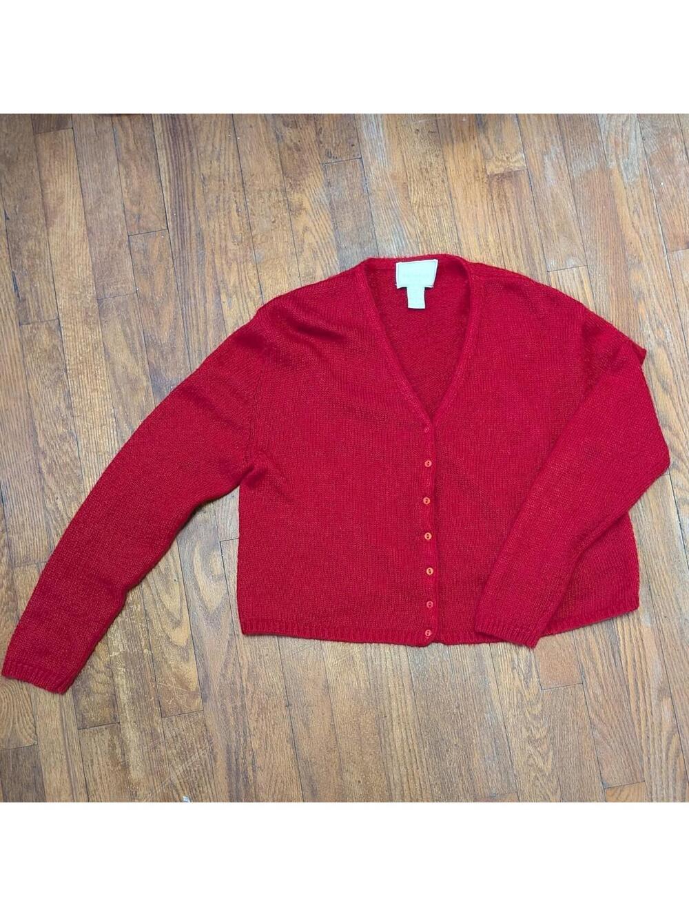 Vintage 90s Express Tricot Red Kid Mohair Cardigan Cropped V Neck Medium Large